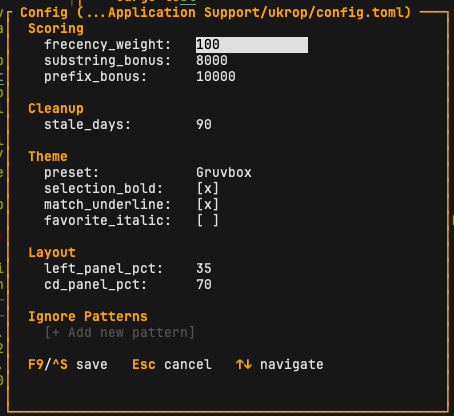 ukrop in-TUI config editor showing scoring, theme, and layout settings