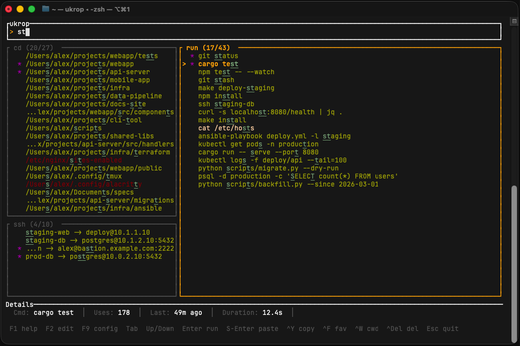 ukrop three-panel TUI showing cd, run, and ssh panels with fuzzy search